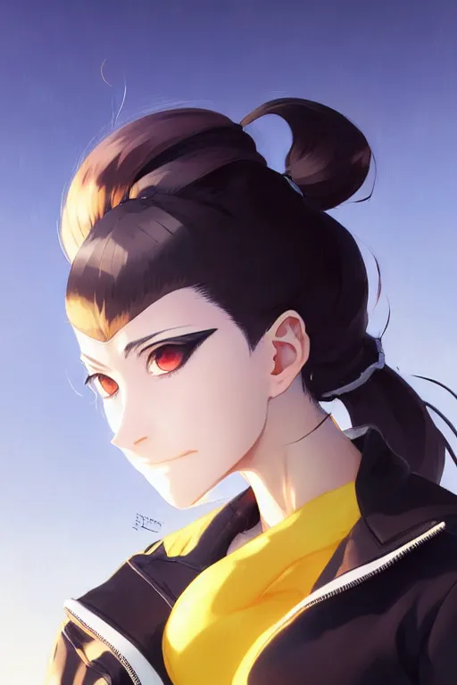 Image similar to black ponytail hair, pale woman in a black zipper jacket, yellow eyes, by artgerm, hair tied in a ponytail, white backdrop, soft lighting, fighting pose, dynamic angle, by greg rutkowski makoto shinkai takashi takeuchi