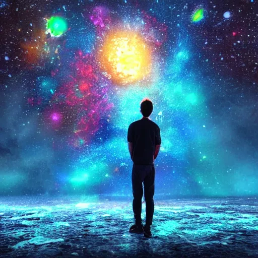 Image similar to over the shoulder photo of a man watching a magic glowing jellyfish in glowing cosmic stardust, colorful stars, galaxies, space, award winning photo, intricate, high detail, atmospheric, desolate, artstation