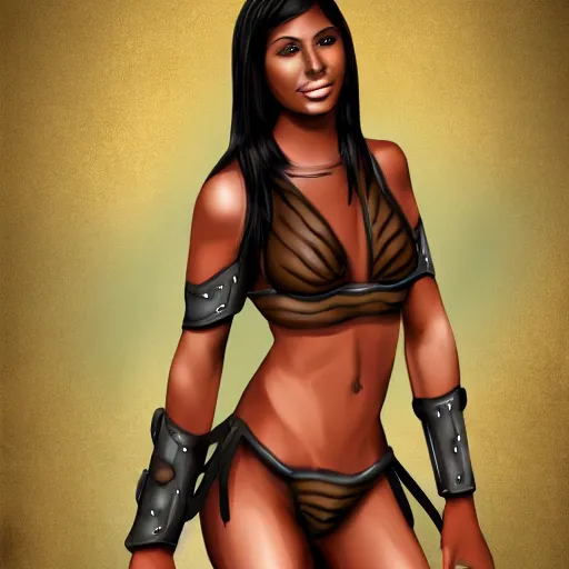 Image similar to female warrior in bikini armor brown skin, digital art, fit body, simple background
