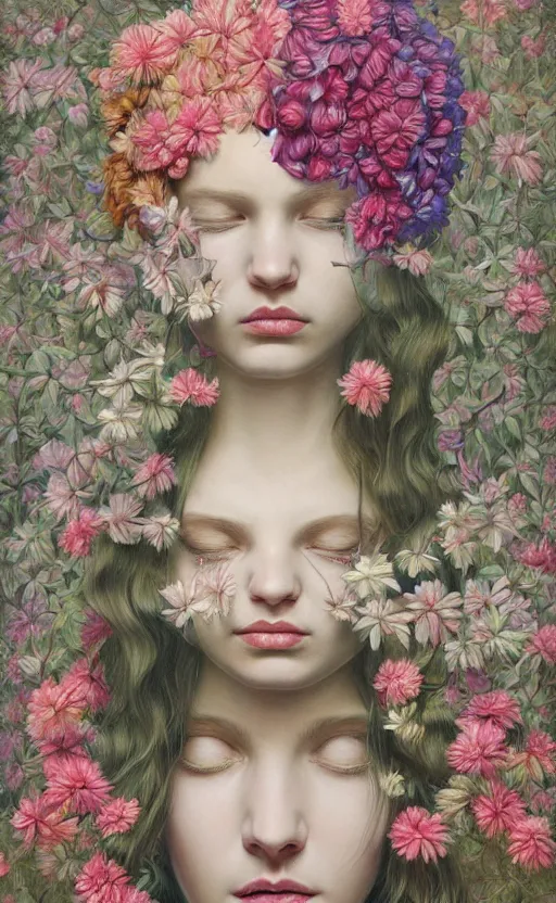 Image similar to a painting of a young woman with a head made of flowers, a surrealist painting by Marco Mazzoni, cgsociety, neo-figurative, detailed painting, rococo, oil on canvas, seapunk, lovecraftian