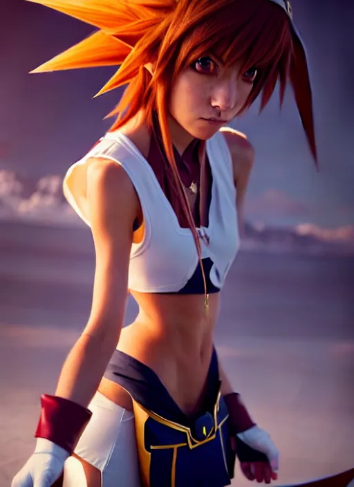 Image similar to female cosplayer wearing cosplay of sora from kingdom hearts. woman's face. art by greg rutkowski, art by pascal blanche. crisp quality. digital photography. trending in deviantart.