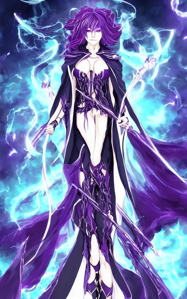 Image similar to an attractive anime female necromancer mage symmetrical, donned in black cloak with purple staff full body in frame