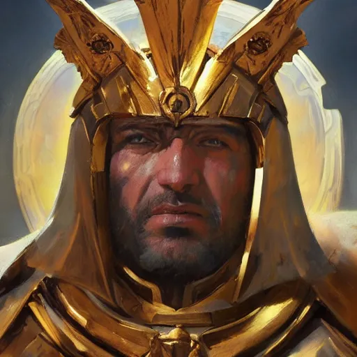 Prompt: greg manchess portrait of the blessed and epic emperor of mankind in a shine of eternal glory warhammer 4 0 k, fantasy, medium shot, asymmetrical, profile picture, organic painting, sunny day, matte painting, bold shapes, hard edges, street art, trending on artstation, by huang guangjian and gil elvgren and sachin teng