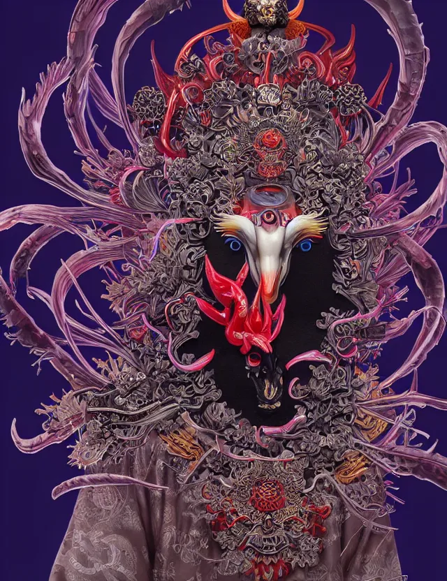 Image similar to 3 d goddess close - up profile satan biohazard portrait with crown, ram skull. beautiful intricately detailed japanese crow kitsune mask and clasical japanese kimono. betta fish, jellyfish phoenix, bio luminescent, plasma, ice, water, wind, creature, artwork by tooth wu and wlop and beeple and greg rutkowski