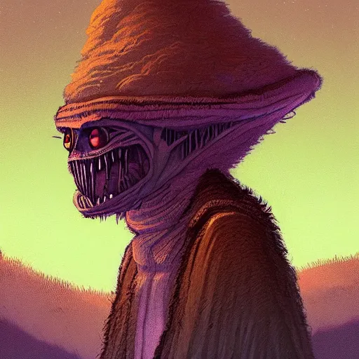 Image similar to portrait of a fluffy moth wanderer in a cloak in the style of Simon Stålenhag and H. R. Giger, detailed, trending on Artstation