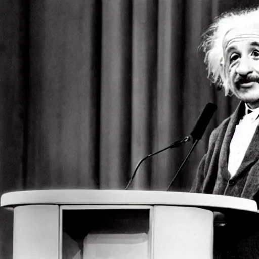 Prompt: albert einstein speech at ted podium