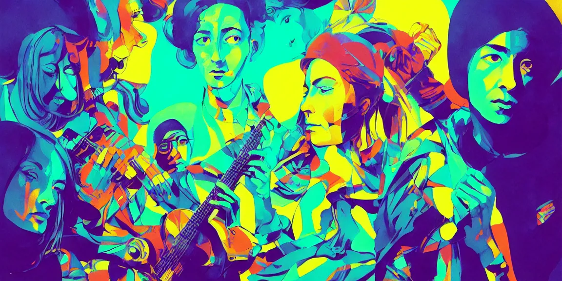 Image similar to duotone trippy 1 9 6 0 s lsd concept illustration of psychedelic hippy musicians. volumetric lighting. golden ratio accidental renaissance. by sachin teng and sergey kolesov and ruan jia and heng z. graffiti art, scifi, fantasy, hyper detailed. octane render. concept art. trending on artstation.