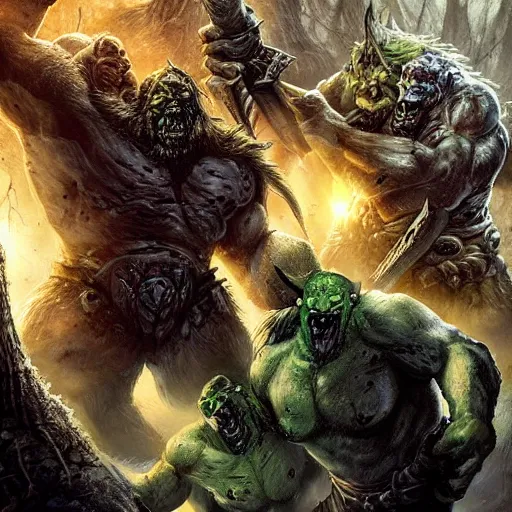 Prompt: a ultra detail picture portrait of A horde of orcs shamble through a dark forest, their eyes glowing with a sinister light. In their hands, they carry crude weapons and shields, carved from the bones of their enemies. Leading them is a massive, green-skinned orc with a wild mane of hair. He strides forward with purpose, his eyes ablaze with mystical power. vivid tones, wide angle, by miyazaki, nausicaa ghibli, breath of the wild, 8k, photorealistic,