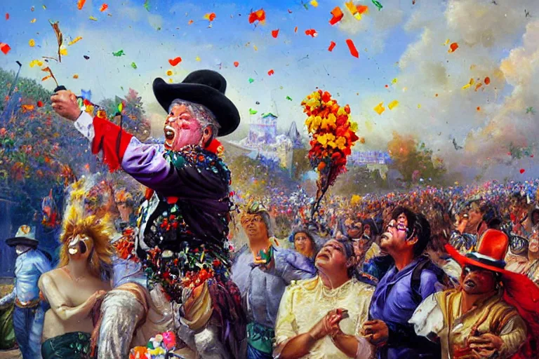 Image similar to portrait of rip taylor throwing confetti during a mexican funeral parade, an oil painting by ross tran and thomas kincade