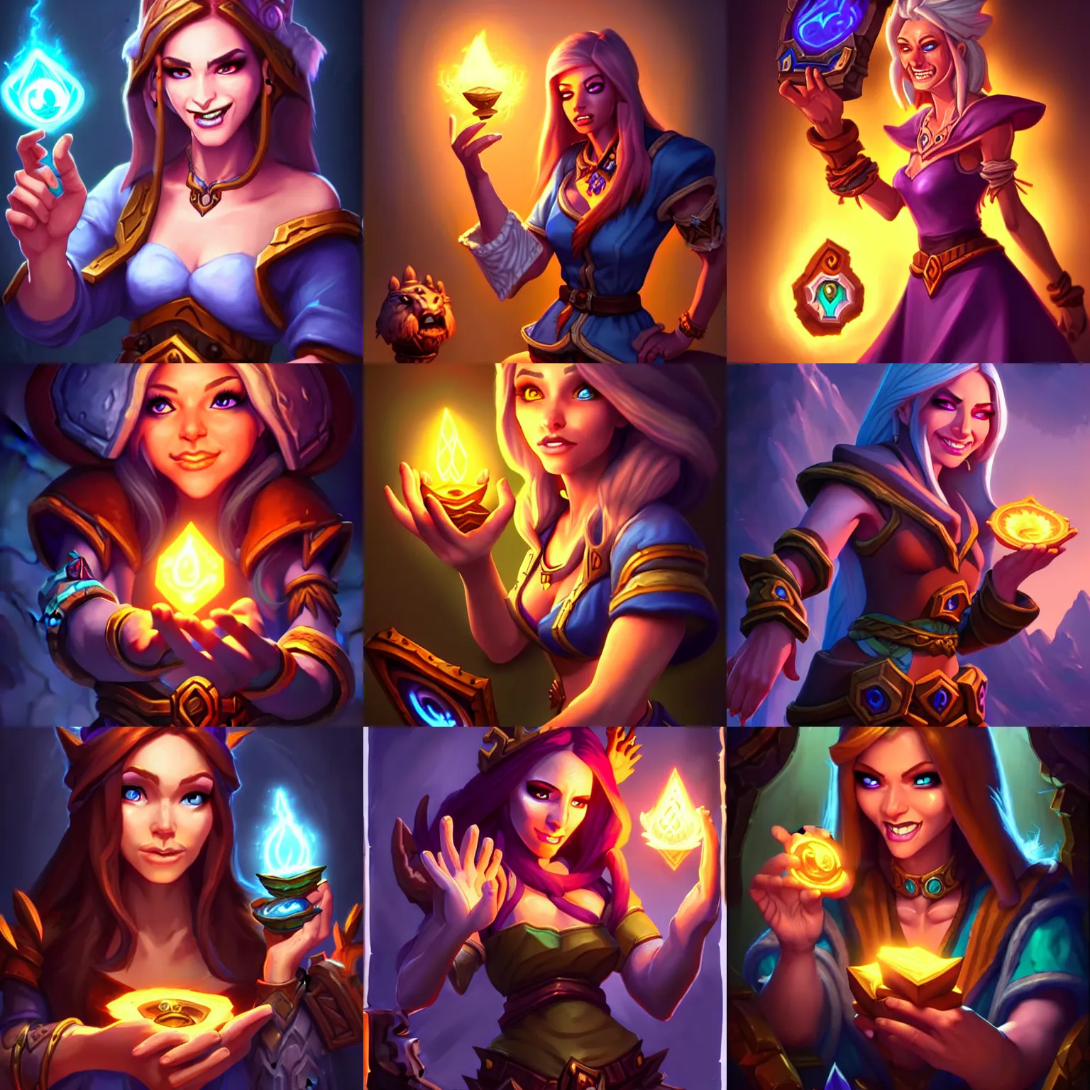 Prompt: Full body Hearthstone official professional art, with realistic beautiful face & eyes. A sorceress finding a treasure. Insanely coherent and well drawned physical body parts, ArtStation. Very detailed hands with 5 coherent fingers.