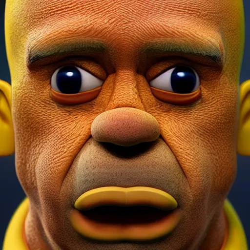 Prompt: 3 d cgi artstation, masterpiece. bonkers lol lmao rofl hilarious funny humorous haha dank photorealistic irl homer simpson meme. portrait. zany mannerism., octane 3 d render. sharpen filter. hyperdetailed full - color skin textures. human like rendition. puffy. yellow skin.