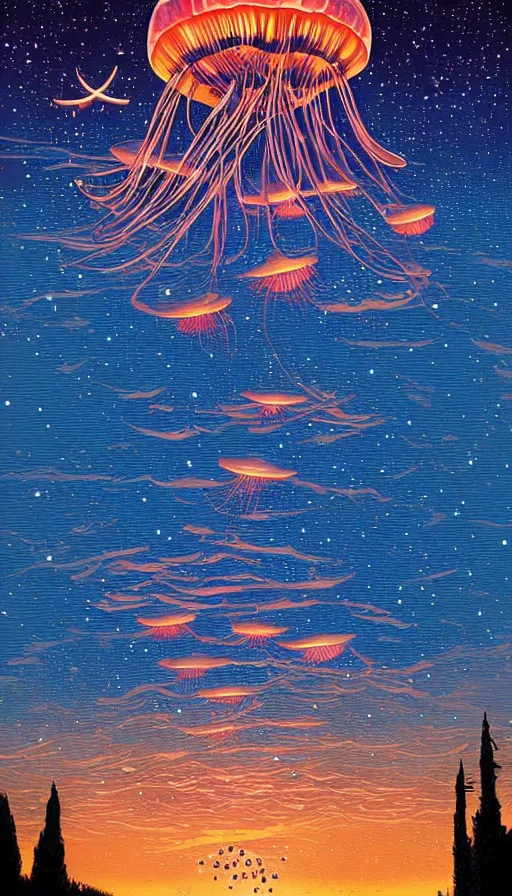 Prompt: Jellyfish floating in starlit sunset sky, italian futurism, Dan Mumford, da vinci, Josan Gonzalez