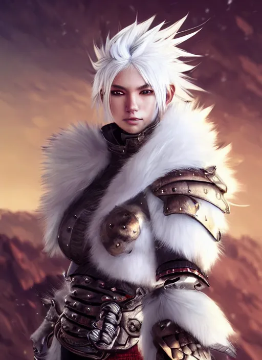 Image similar to warrior, fur - lined armor!!! beautiful and gorgeous white haired female!! monster hunter!! character concept art, sharp focus, octane render! unreal engine 5! highly rendered!! trending on artstation!! detailed linework!! illustration by artgerm, wlop, and chie yoshii