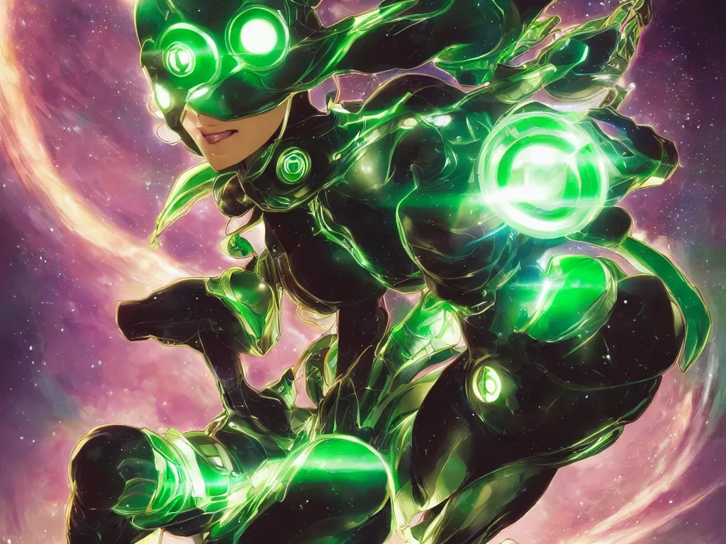 Image similar to anime key visual of one beautiful female green lantern, dc comics, power, hope, glowing, intricate, in space, stunning, highly detailed, digital painting, artstation, smooth, hard focus, illustration, art by artgerm and greg rutkowski and alphonse mucha