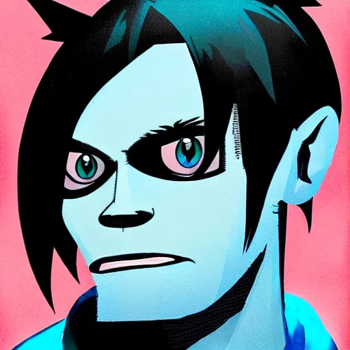 Image similar to a man with messy blue hair and all - black eyes, portrait, gorillaz style, jamie hewlett