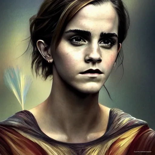 Image similar to Very funny Emma Watson looking like an old monkey, colorful painting on grey scale face, powerful , magic, thunders, dramatic lighting, intricate, wild, highly detailed, digital painting, artstation, concept art, smooth, sharp focus, illustration, art by artgerm and greg rutkowski and alphonse mucha, footage