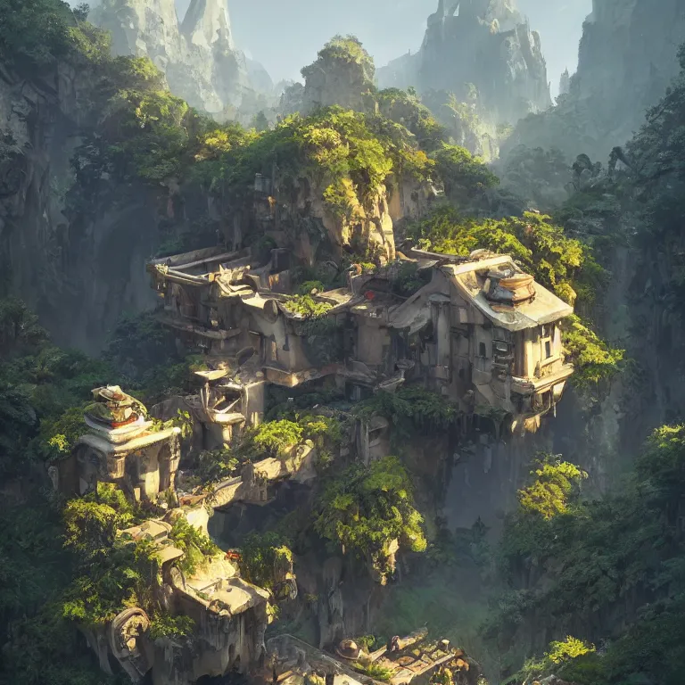 Image similar to secret overwatch living quarters carved inside a mountain surrounding a lush garden, trimmed, magical, natural light, fantasy, minimalist architecture, sharp focus, concept art, by greg rutkowski and craig mullins, atmospheric, octane render