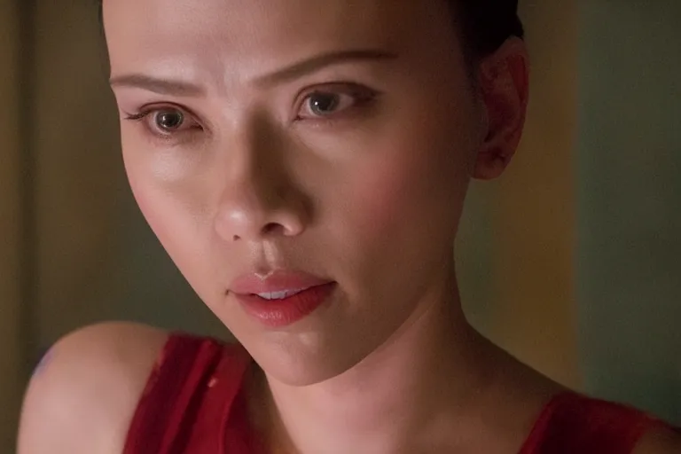 Prompt: scarlett johansson as an racist caricature of a chinese woman in the new movie directed by joss whedon, movie still frame, promotional image, critically condemned, top 6 worst movie ever imdb list, symmetrical shot, idiosyncratic, relentlessly detailed, limited colour palette