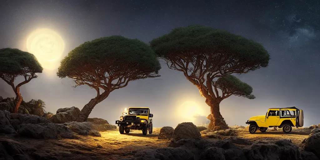 Image similar to yellow mahindra thar riding through moonlit socotra island with dragon trees, starry night, sharp focus, wide shot, trending on ArtStation, masterpiece, by Greg Rutkowski, by Ross Tran, by Fenghua Zhong, corona render, soft render, ultrarealistic, colorful, cinematic, shadow of the tomb rider