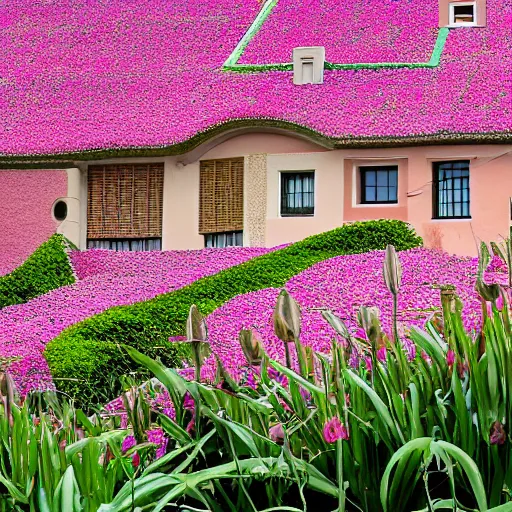 Prompt: a house by Antoni Gaudí in the flower field