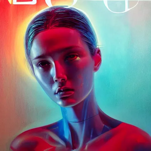 Image similar to 3 d, sci - fi, morning, sleepy fashion model face, sun, neon, cinematic, lightning clouds, vogue cover style, poster art, light red and deep blue mood, realistic painting, intricate oil painting, high detail, figurative art, multiple exposure, poster art, 3 d, by tooth wu and wlop and beeple and greg rutkowski