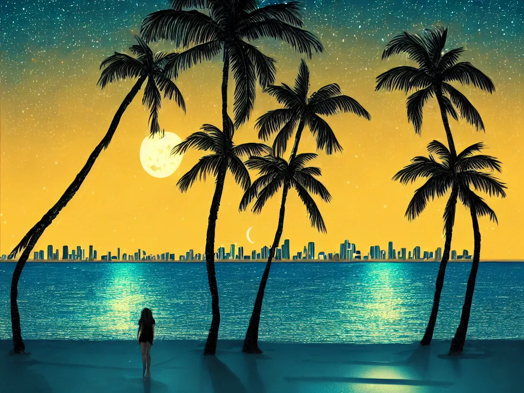 Prompt: night on a summer miami beach, city on the background, palm trees, footprints in the sand, full moon reflected in the calm ocean, starry sky 8 k, ultra detailed, trending on artstation, digital painting, synthwave style