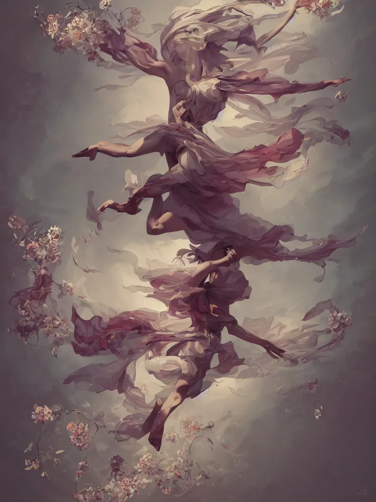 Prompt: a flying body covered in flowers in a dynamic pose, in the style of peter mohrbacher, highly detailed, soft lighting, art nouveau patterns, trending on artstation