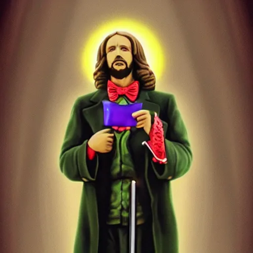 Image similar to a huge willy wonka smoking a joint with jesus statue in rio de janeiro award winning, digital art, realistic, hyper detailed