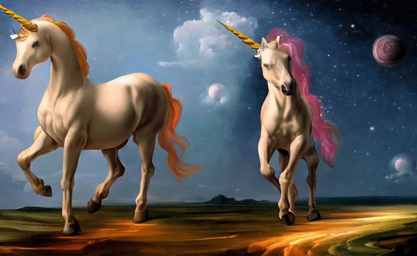 Image similar to a lonely unicorn walking on a rainbow in the universe in the style of Caravaggio, digital art, high quality, highly detailed, high coherence, anatomically correct, Caravaggio, concept art, marterpiece