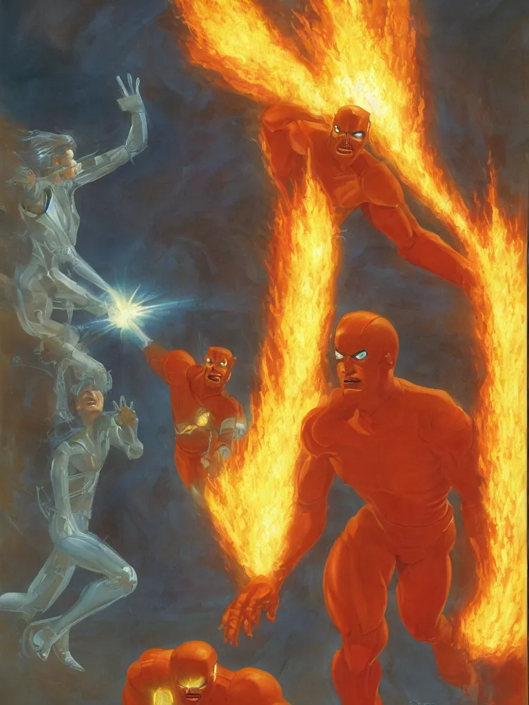 Prompt: human torch and the thing, concept art, illustration, sci-fi, volumetric lighting, art by ralph mcquarrie