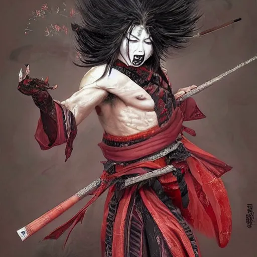 Image similar to an epic portrait of insane kabuki male wielding a spear and doing the nirami covered in a magical mist of insanity, intricate hakama, poofy red wig, eerie, highly detailed, dark fantasy, art by artgerm and greg rutkowski