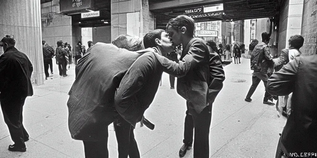 Image similar to two men kissing in the entrance to a subway stop in manhattan at the time of the stonewall riots. new york city, usa. 1 9 6 9 - 1 9 7 0. ernest cole photography