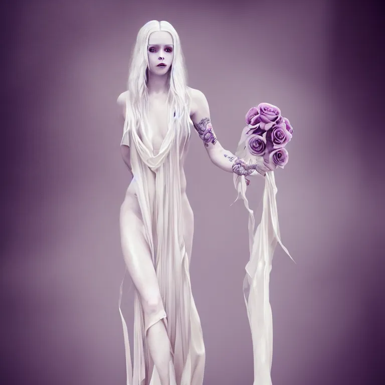 Prompt: alone with herself wonderful symmetrical beautiful albino goddess with a beautiful porcelain body dressed with a majestic semi transparent silk cream roses long dress, hightly ornate, intricate, detailed, dramatic light, award winning, octane render, meredit frampton style