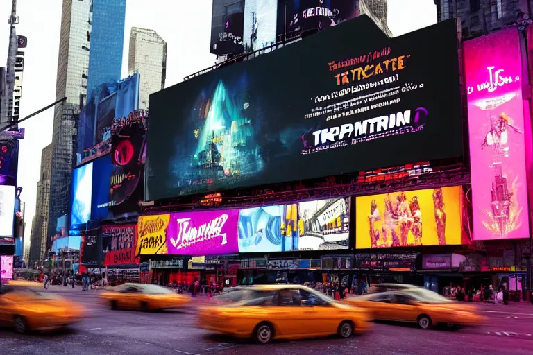 Prompt: a billboard on times square at night, screen show concert poster, band name is tripmachine, on the screen is a 3 d render of a huge futuristic steampunk generator, wet street, realistic digital art, 8 k, fluorescent colors, halluzinogenic, multicolored, exaggerated detailed, unreal engine, 8 0 mm