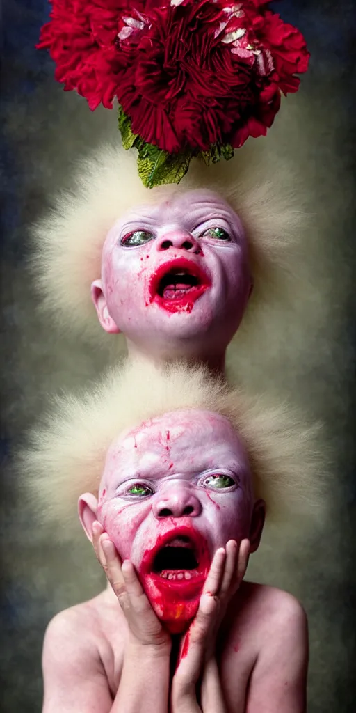 Prompt: award winning photo of screaming african albino baby, draped in velvet and flowers, crying blood, vivid colors, happy, symmetrical face, beautiful open eyes, studio lighting, wide shot art by sally mann & arnold newman