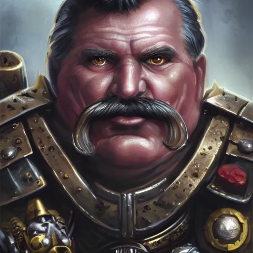 Prompt: Close up portrait of old Warhammer 40k Primarch named Lech Wałęsa with moustache, intimidating, strong, Warhammer 40k, brown eyes, dark science fiction, intricate, highly detailed, digital painting, trending on artstation, concept art, slightly smooth, sharp focus, darker colors, RPG rulebook illustration, art by Raymond Swanland
