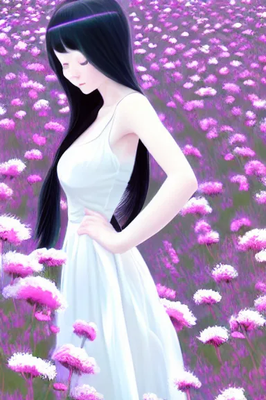 Image similar to little girl with her long black hair dressed in a simple white dress lying in a flowery field, anime art style, digital art by ilya kuvshinov, inspired by balthus, hd, 4 k, hyper detailed, rear view