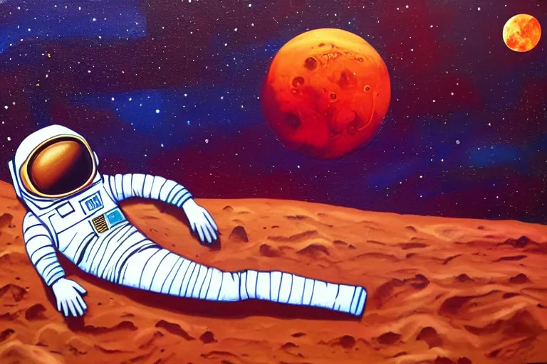 Image similar to an astronaut laying on mars in the style of flooko, acrylic art, detailed, moonlight