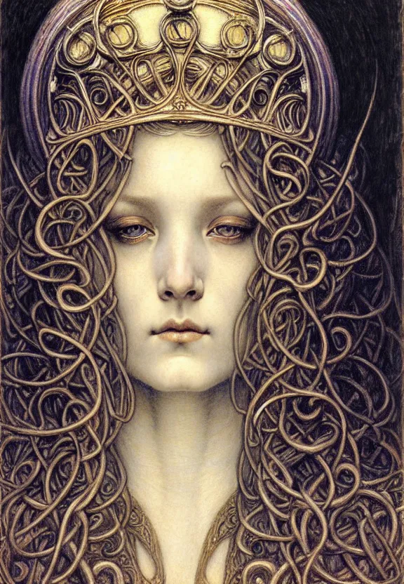 Image similar to detailed realistic beautiful young medieval queen face portrait by jean delville, gustave dore and marco mazzoni, art nouveau, symbolist, visionary, gothic, pre - raphaelite. horizontal symmetry