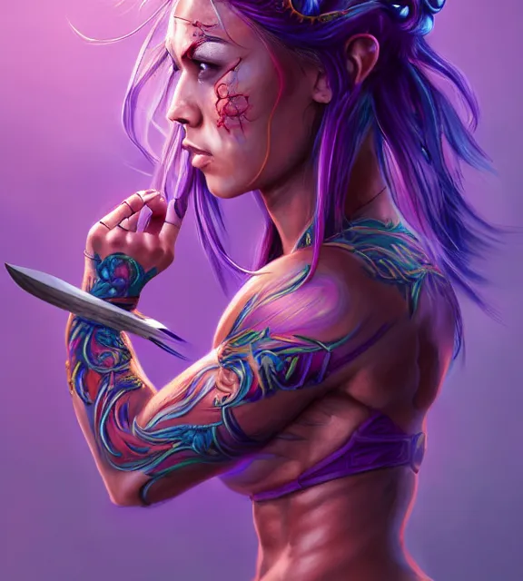 Image similar to muscular female warrior holding knife hilt, perfect face, diadem, detailed neon tattoos, neon bikini armor, purple flowing hair, abs, cinematic, blush, stunning, athletic, strong, agile, highly detailed, psychedelic, digital painting, artstation, smooth, hard focus, rim lighting, back lighting, illustration, art by jessica rossier and and brian froud