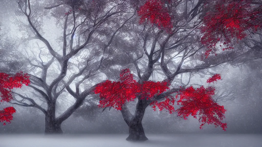 Prompt: white bark tree with red leaves during snow storm, sinister, Game of Thrones, volumetric lighting, fantasy artwork, very beautiful scenery, very realistic painting effect, hd, hdr, cinematic 4k wallpaper, 8k, ultra detailed, high resolution, artstation