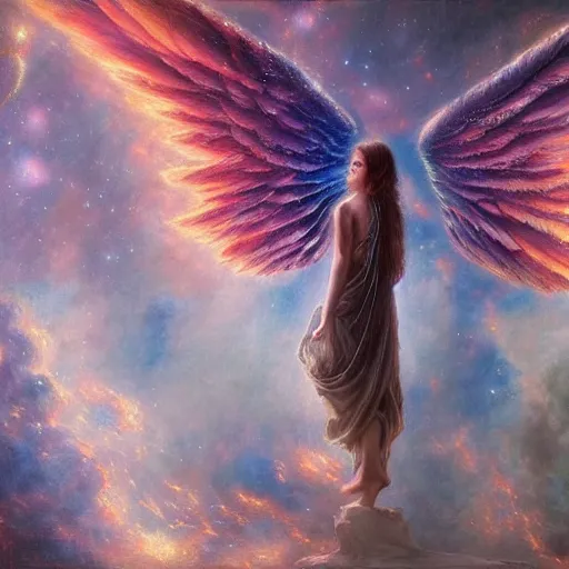 Image similar to UHD hyperrealistic photorealisitc, detailed cosmic robotic angel, with real wings, by Greg Rutkowski and Ayami Kojima, tonalism, rich deep colors masterpiece