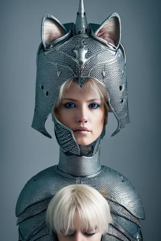 Image similar to female knight wearing a real cat on her head, armor designed by wayne barlowe, swarovski and tiffany, blonde hair, symmetry, sci - fi, cinematic, elegant, luxury, perfect light, perfect composition, dlsr photography, sharp focus, dark fantasy, 4 k, ultra hd, sense of awe, highly detailed, realistic, intricate