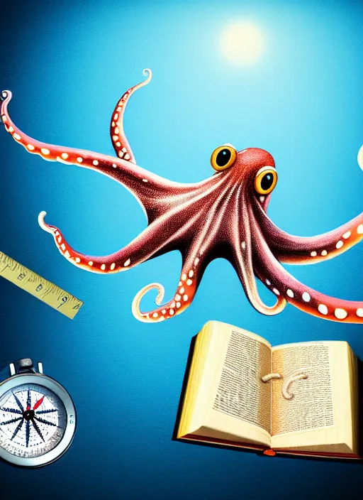 Prompt: realistic detailed image of a white-spotted octopus grabbing chalk a ruler, a compass and a book, midnight, cinematic, hyper realism