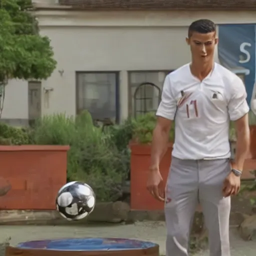 Prompt: a movie still from the antiques roadshow, cristiano ronaldo with a priceless soccer ball, uhd, 8k,