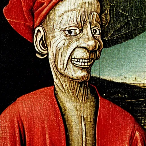 Prompt: close up of Waldo from Where’s Waldo painted by Hieronymus Bosch