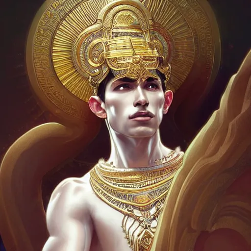 Prompt: Peruvian male god wearing a white perizoma, intricate, elegant, highly detailed, digital painting, artstation, concept art, smooth art, sharp focus, illustration, art by artgerm and greg rutkowski and alphonse mucha and loish and WLOP