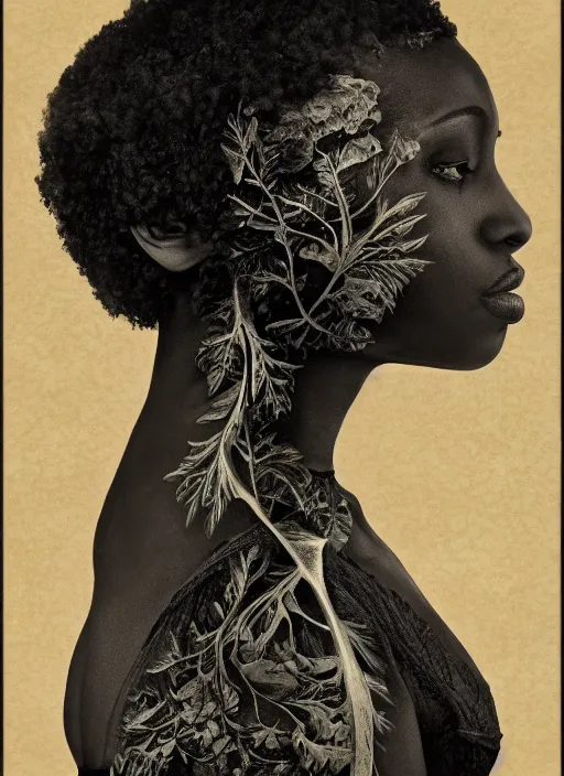 Image similar to a beautiful black woman's face in profile made of leaf and floral skeleton, in the style of the dutch masters and gregory crewdson, dark and moody, 8 k, matte, intricate detail, hyper detailed, surrealism