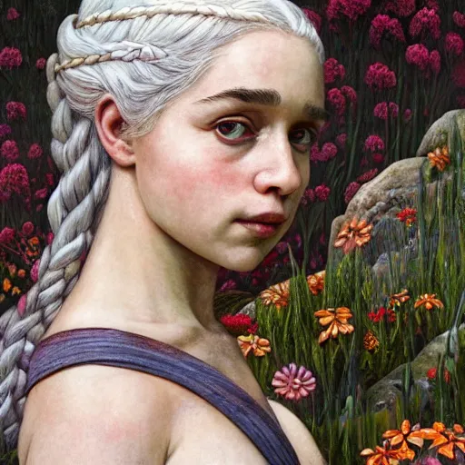 Image similar to daenerys targaryen, exterior botanical garden, portrait face, colorful, frantisek kupka, intricate, miles johnston, kuroda seiki, cynical realism, ozabu, john william godward, painterly, yoshitaka amano, moebius, miles johnston, louise zhang, james jean, mark ryden lowbrow pop surrealism art style