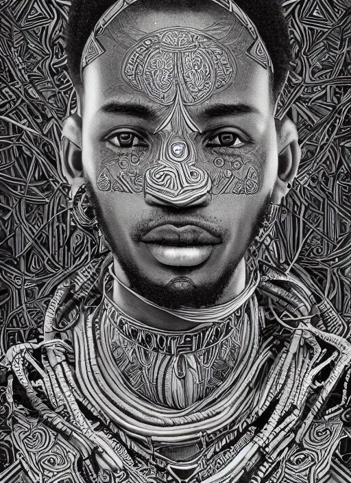 Image similar to closeup portrait of east african man, an ultrafine detailed illustration by james jean, intricate linework, bright colors, final fantasy, behance contest winner, vanitas, angular, altermodern, unreal engine 5 highly rendered, global illumination, radiant light, detailed and intricate environment